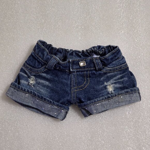 Build-a-Bear Blue Denim Distressed Cuffed Shorts Diamond Sequin Studs 2011 - Picture 1 of 2